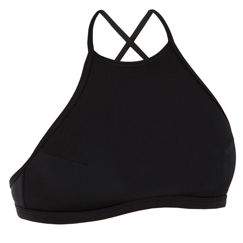 A photo of the Olaian Andrea Surfing Swimsuit Crop Top with Padded Cups Women's in use
