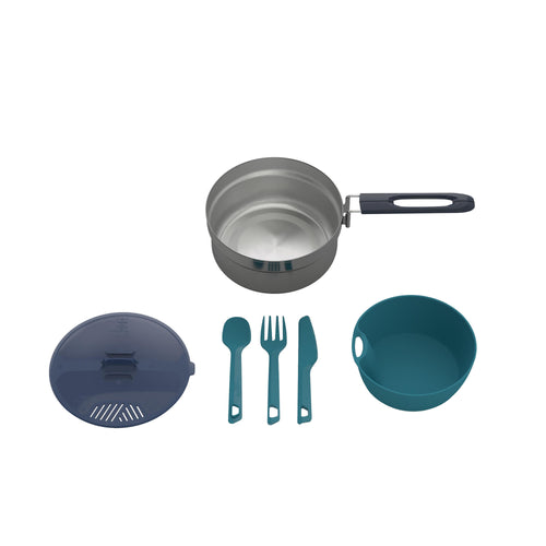 A photo of the Quechua MH100 1.1 L Stainless Steel 1-Person Camping Cookset in use