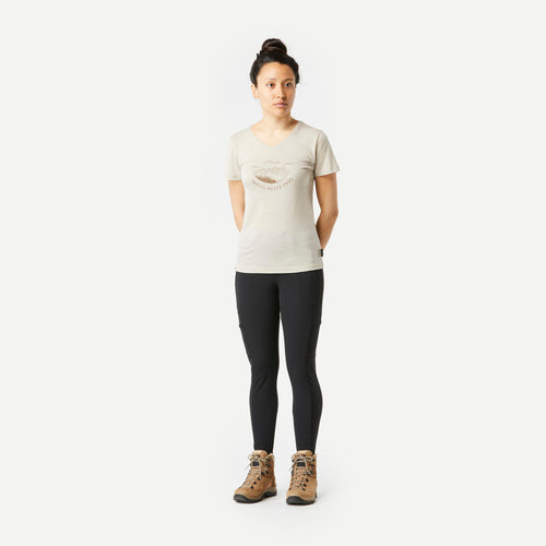 A photo of the Women's Travel Backpacking Heavy-Duty Leggings Travel 500 - black in use