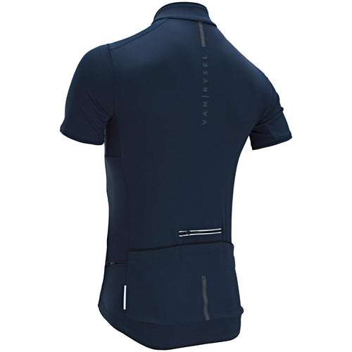 A photo of the Triban Men's RC500 Short Sleeve Road Cycling Jersey in use