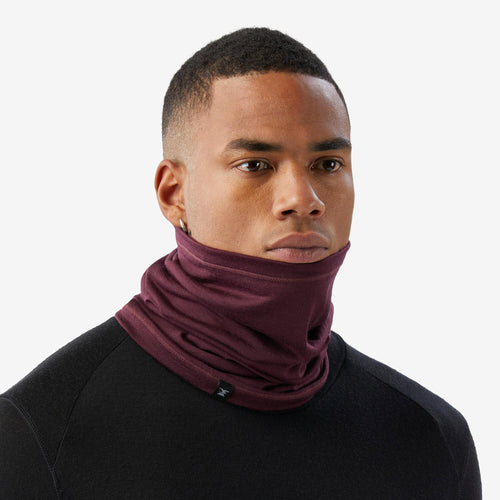 A photo of the Forclaz Trek 500 Multiposition Merino Wool Hiking Tube Scarf in use