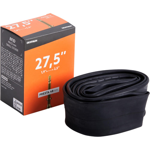 A photo of the Btwin 27.5 "x 1.9 2.5" Presta Inner Tube 48 mm in use