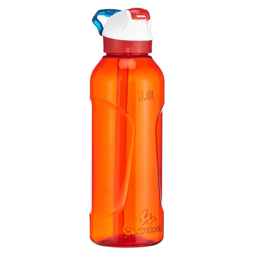 A photo of the Quechua Tritan 900 Instant Stopper Plastic Hiking Water Bottle with Straw 27oz in use