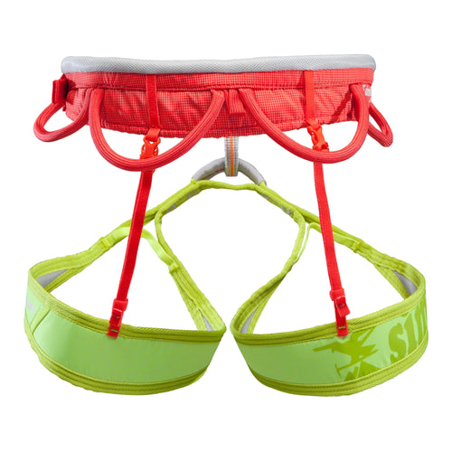 A photo of the ADULT CLIMBING AND MOUNTAINEERING HARNESS LIGHT - EDGE ORANGE AND YELLOW in use