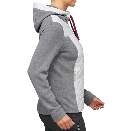A photo of the Quechua NH100 Hybrid Hiking Sweatshirt Women's in use