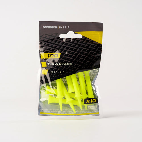 A photo of the GOLF PLASTIC STEP TEES x10 46mm - INESIS 100 YELLOW in use