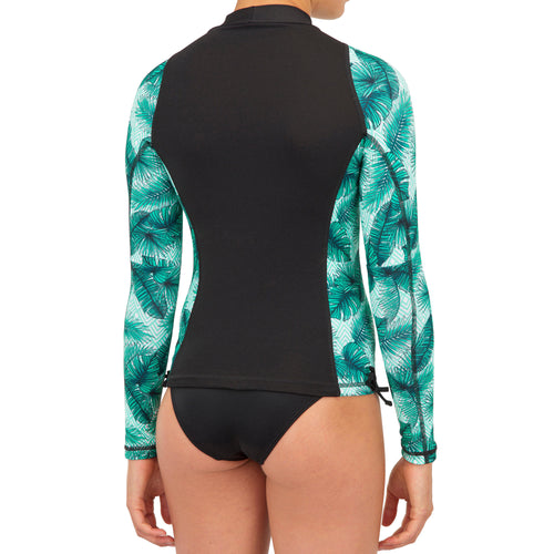 A photo of the Olaian 500 Rashguard UV Protection UPF 50+ Long Sleeve T-Shirt Kids in use