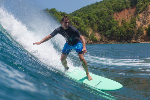 Olaian 900 Foam Surfboard 7' 60L Curved Dual Stringer w Traction pad & Fins, mint blue Image 1 of 5