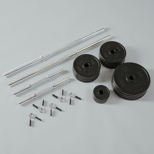 A photo of the 110lb Adjustable Weight Set US Standard with Barbell and dumbbells in use