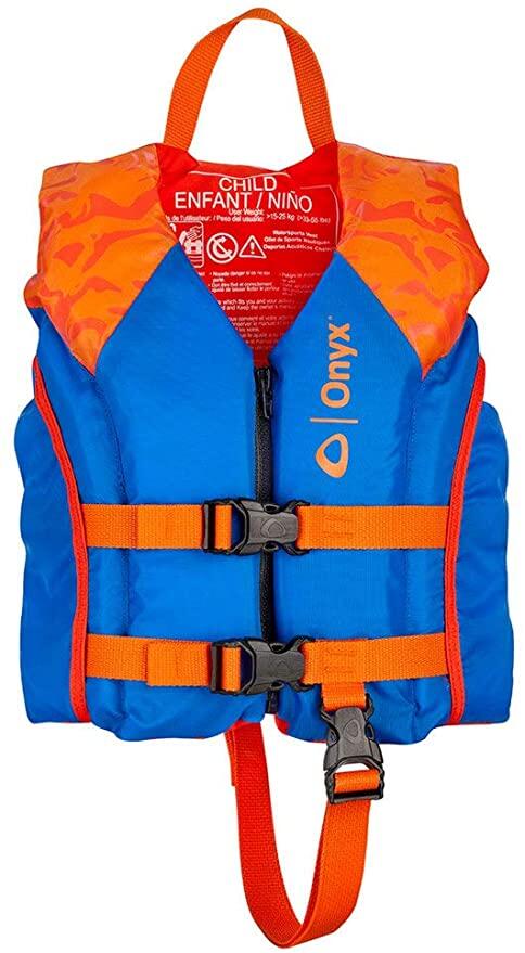 A photo of the Onyx All Adventure Child Orange Life Jacket in use