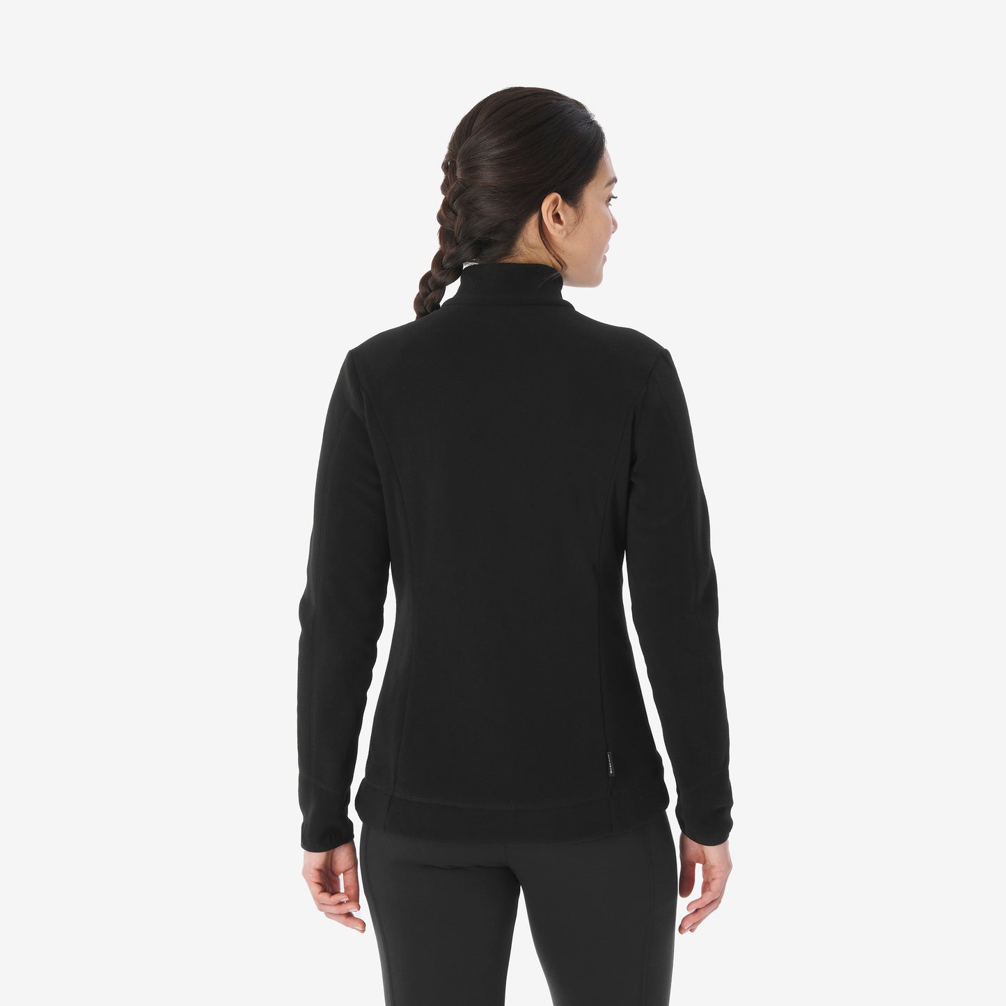 Person wearing a black jacket on a white background