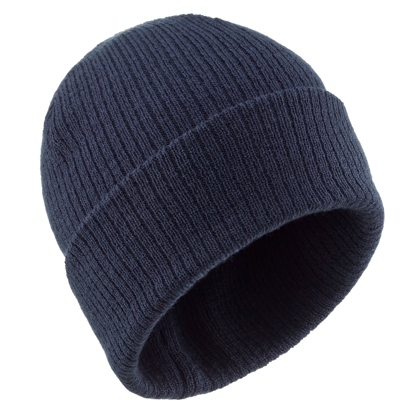 Navy blue knit beanie on a white background