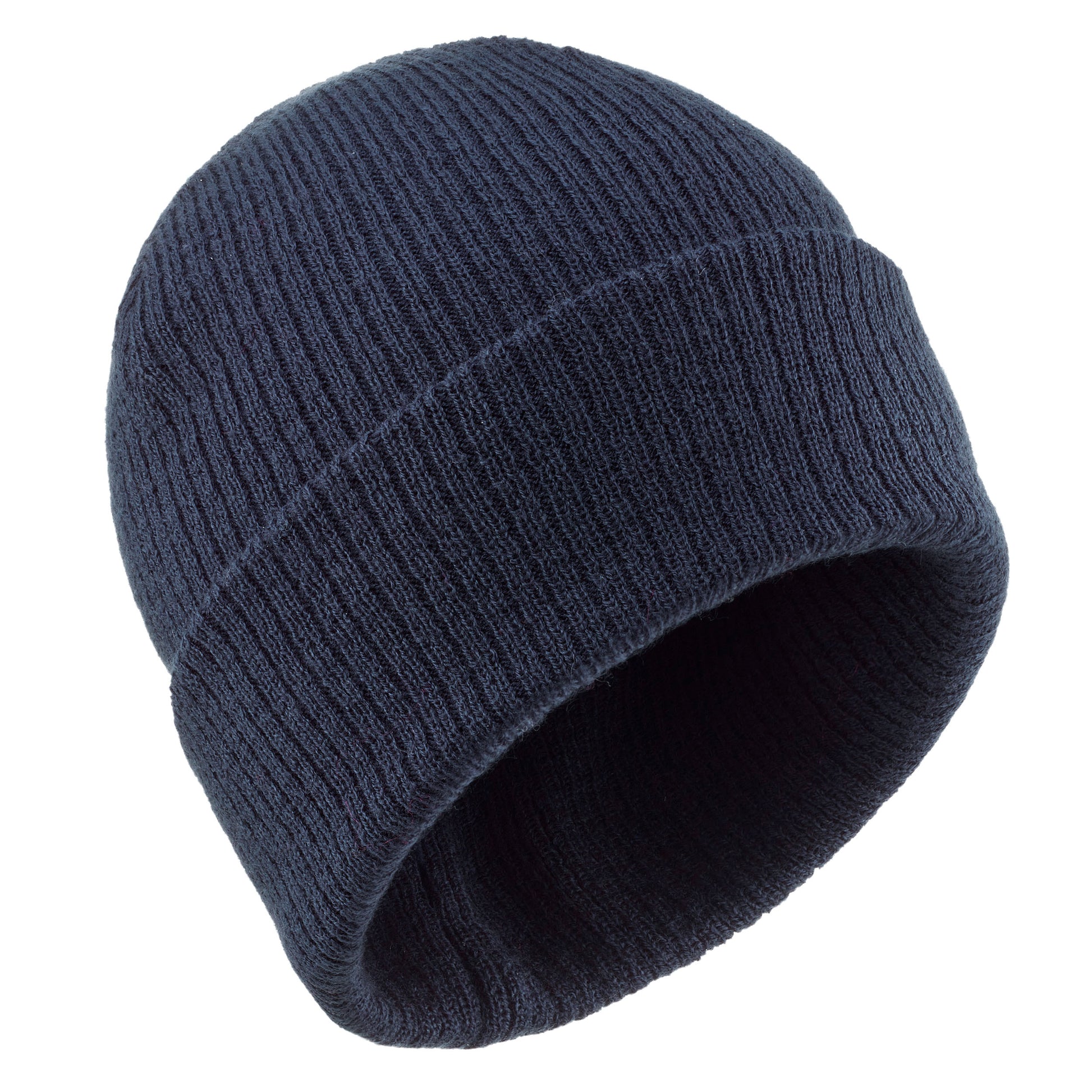 Navy blue knit beanie on a white background