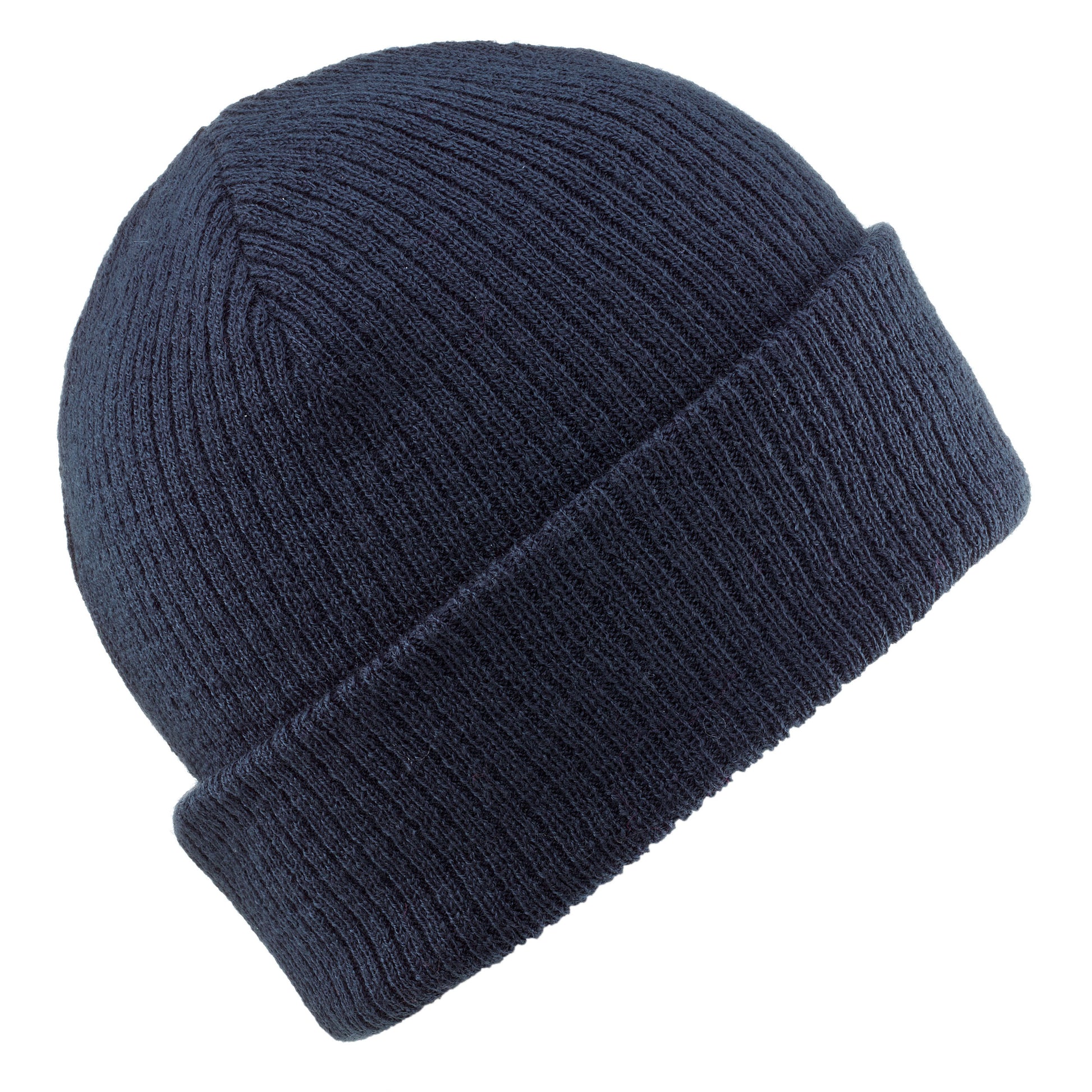 Navy blue knit beanie on a white background
