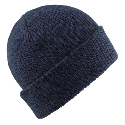 Navy blue knit beanie on a white background