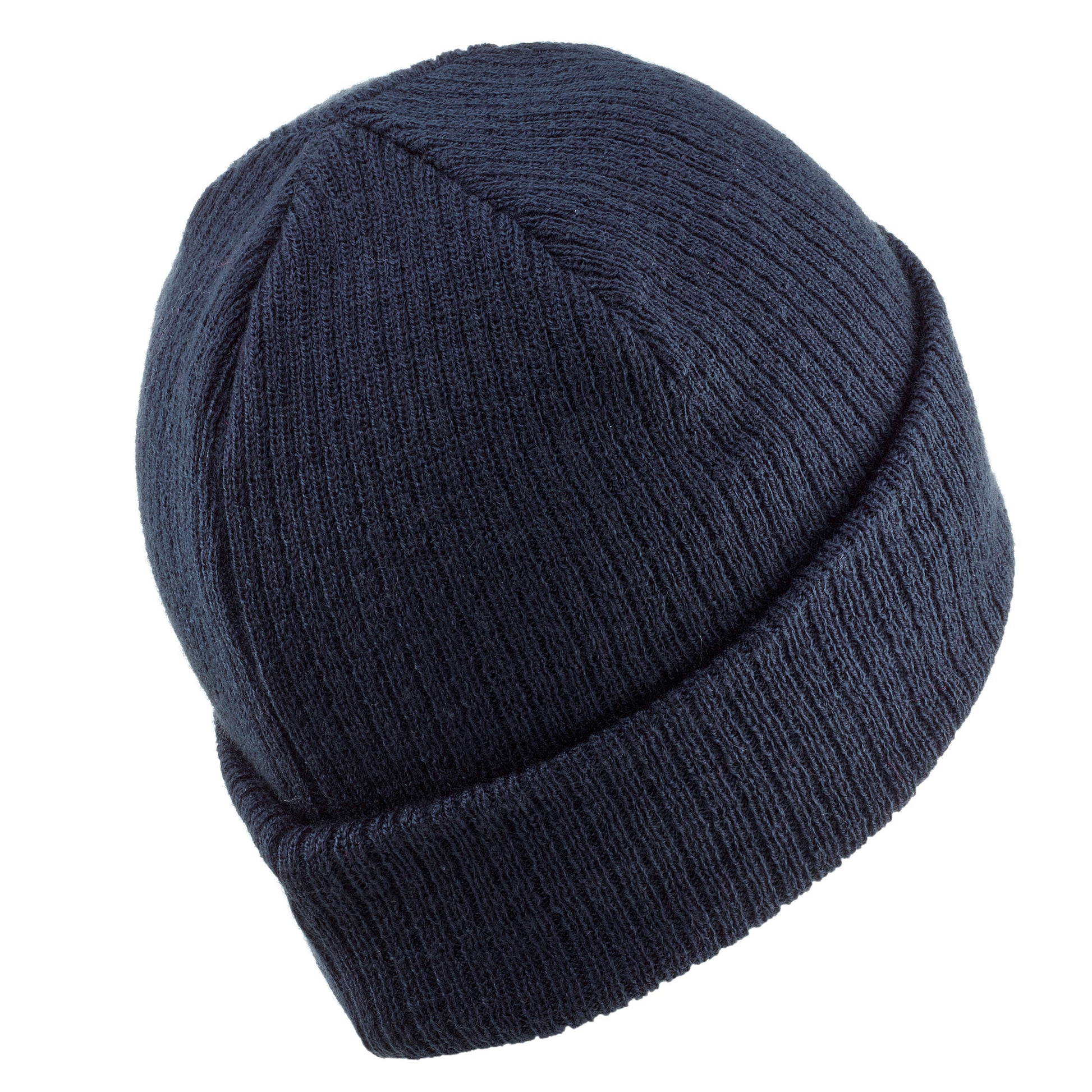 Navy blue knit beanie on a white background