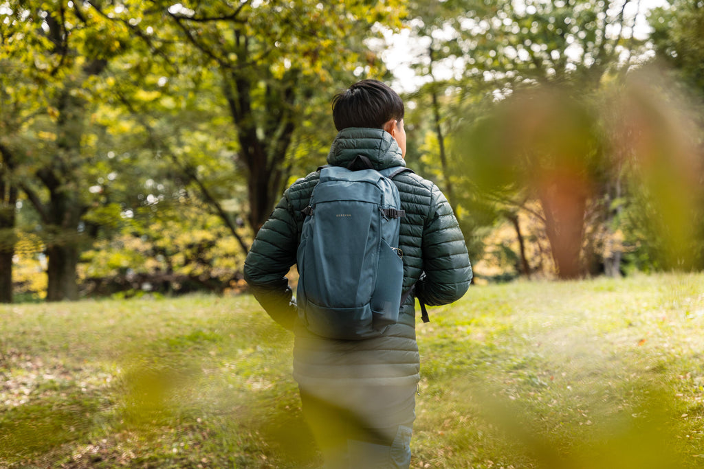 Person with a backpack walking through a park with trees and grass.