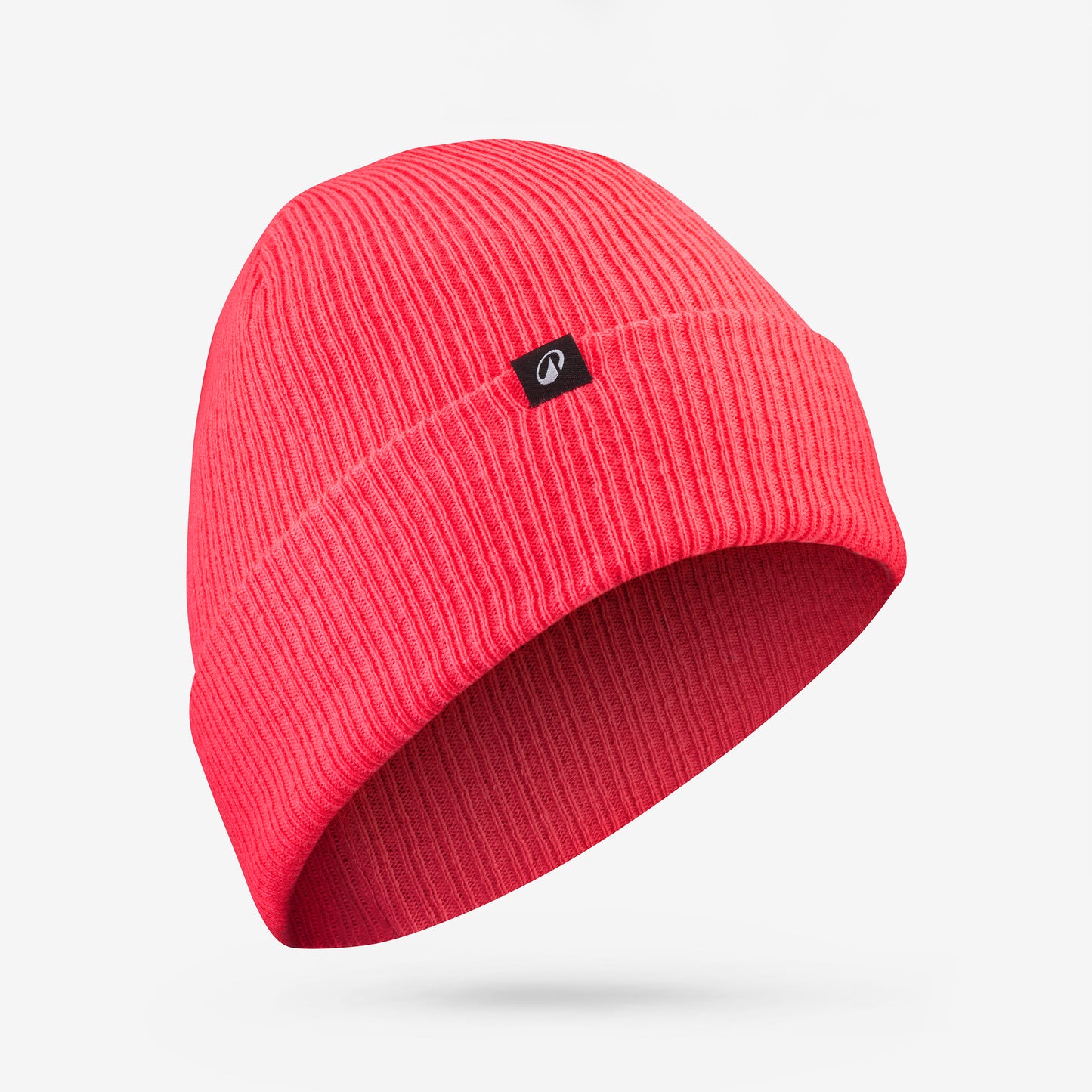 Pink beanie with a small logo on a light gray background