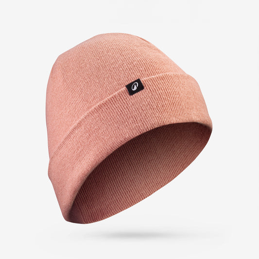 Pink beanie with a logo on a light gray background