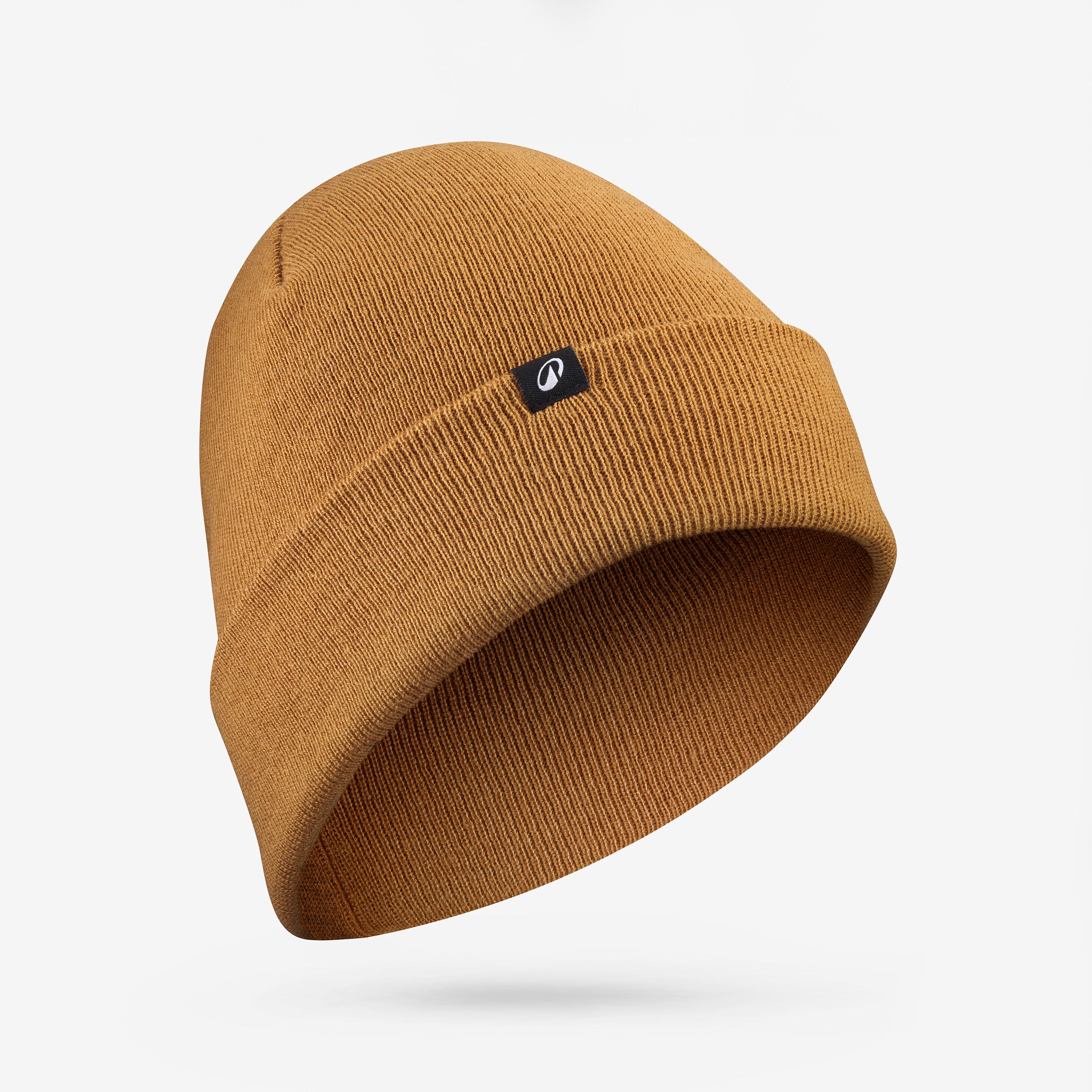 Brown beanie with a logo on a light gray background
