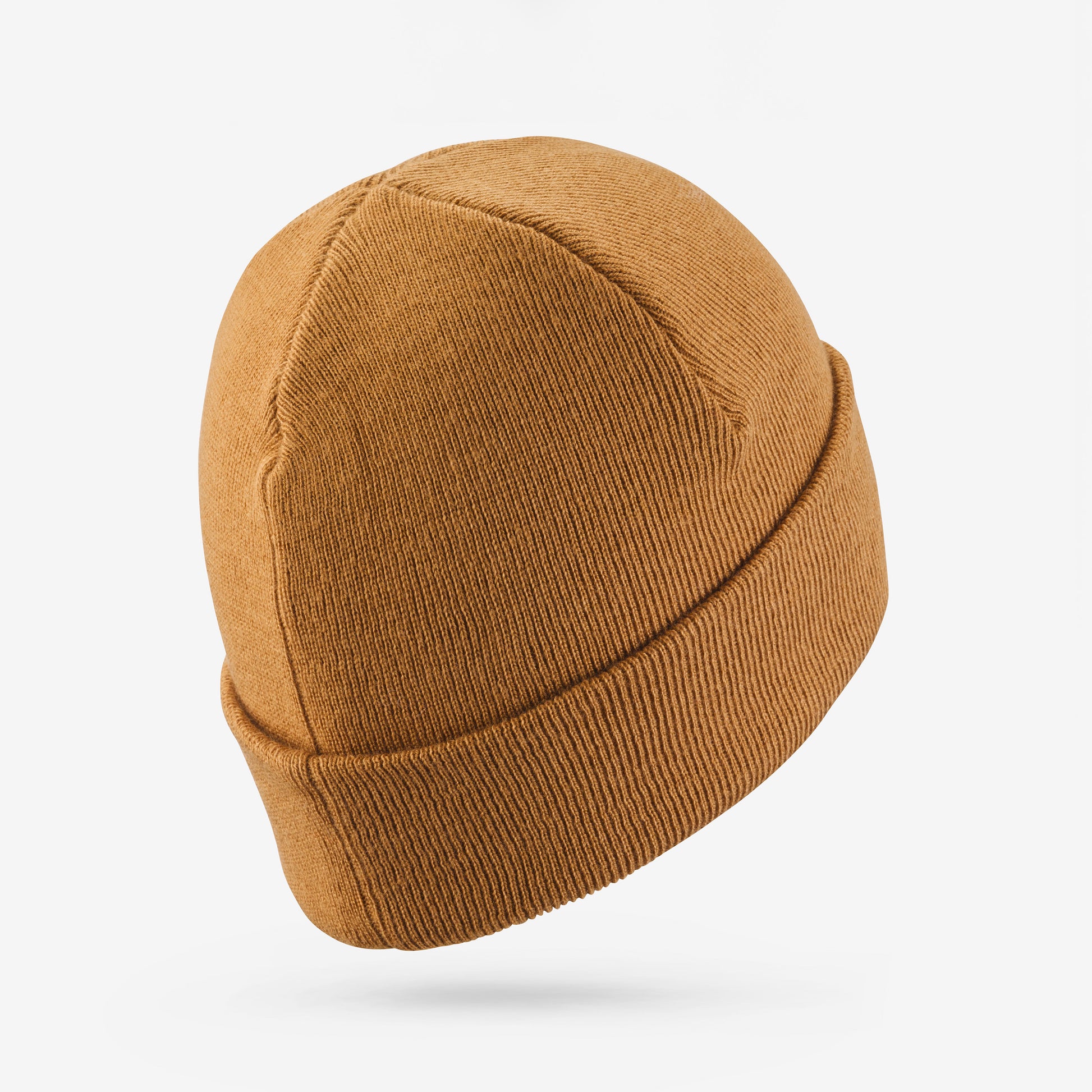 Brown knit beanie on a light gray background