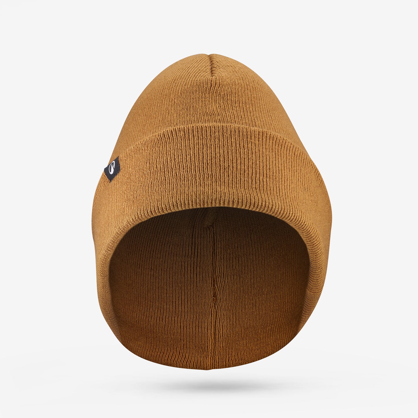 Brown beanie with a small logo on a light gray background