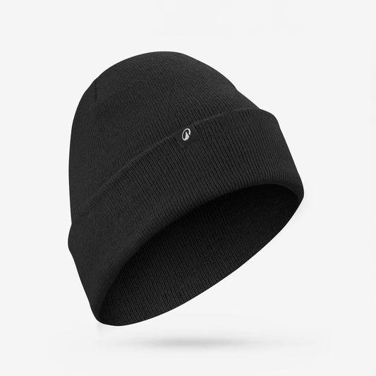 Black beanie with a small logo on a light gray background
