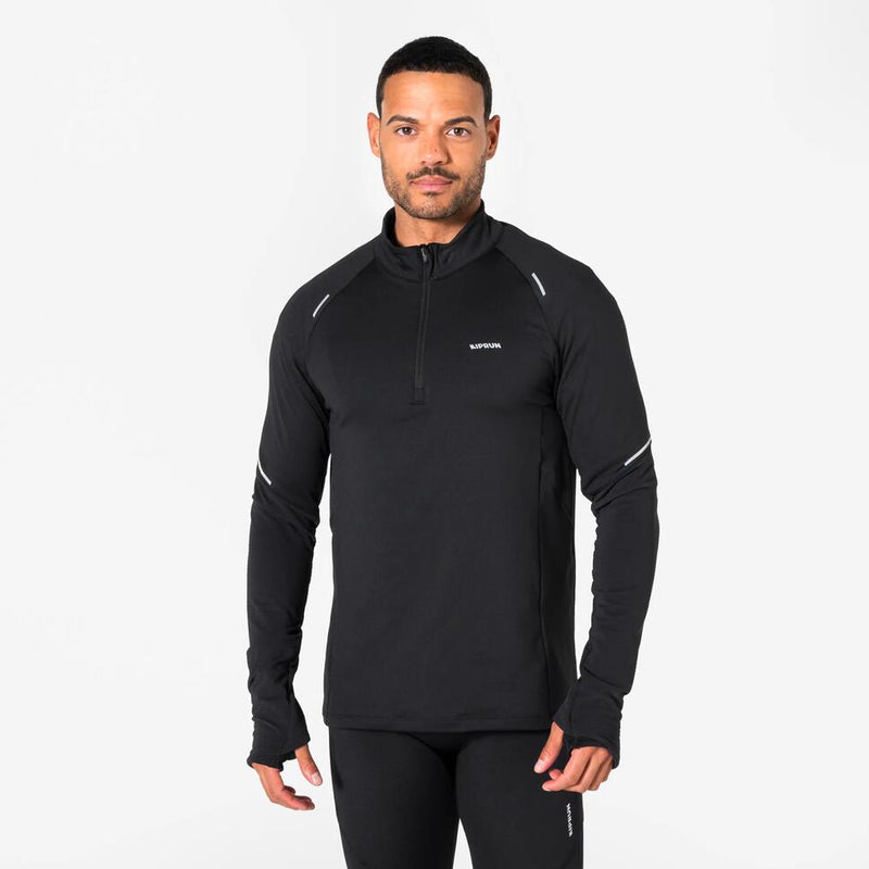 Men's warm long-sleeved half zip t-shirt, Kiprun run 500 warm black