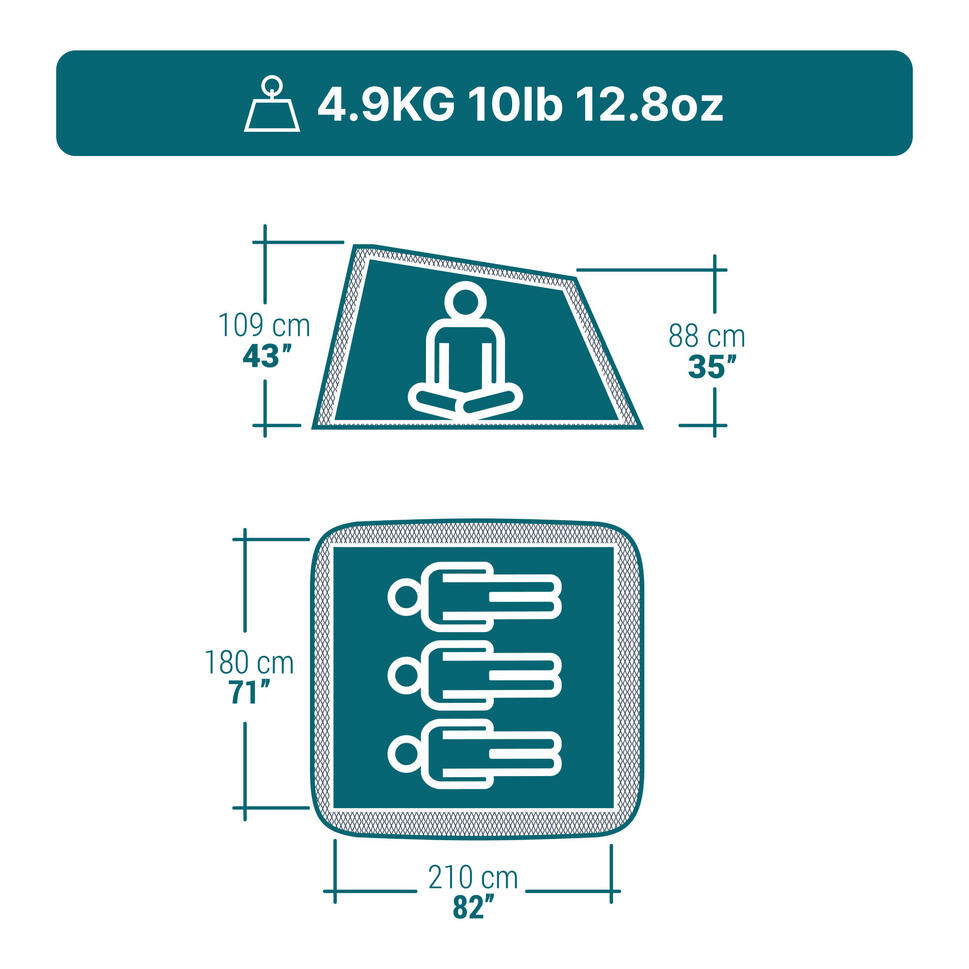 Quechua 2 Second Fresh & Black Waterproof Pop Up Camping Tent 3 Person