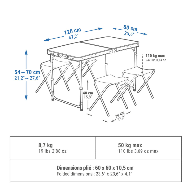 FOLDING CAMPING TABLE 4 STOOLS 4 TO 6 PEOPLE Decathlon